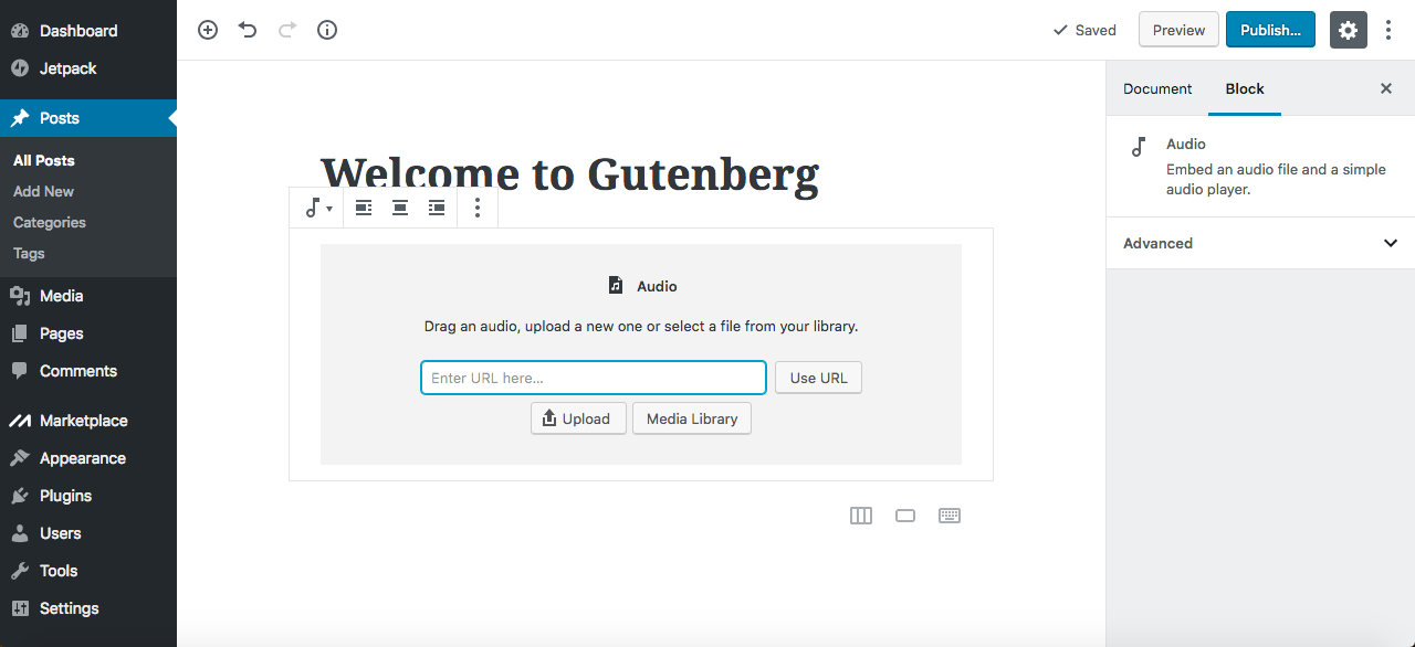 Gutenberg editor upload audio