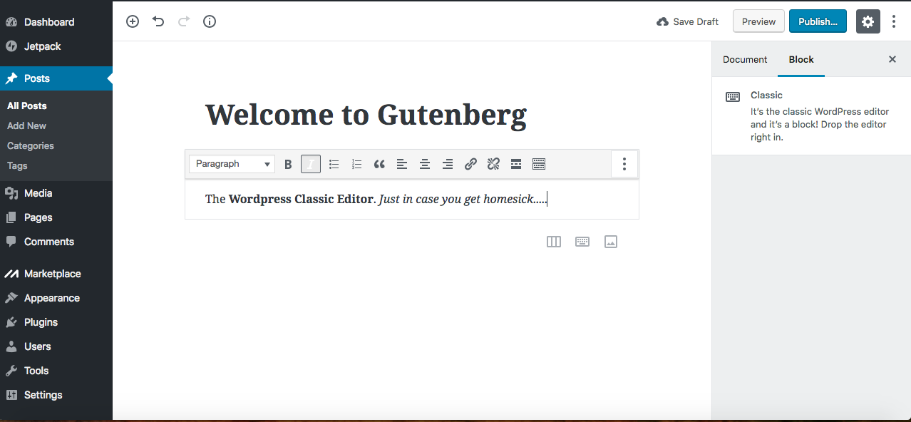 Gutenberg Classic WordPress editor block