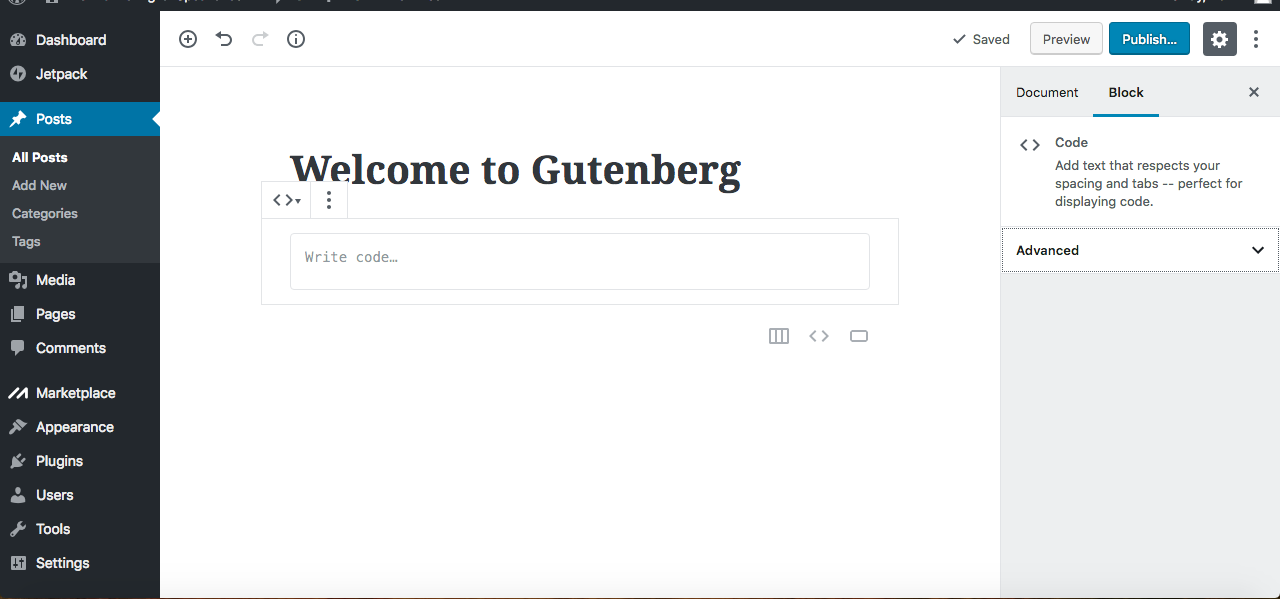 Gutenberg editor code block