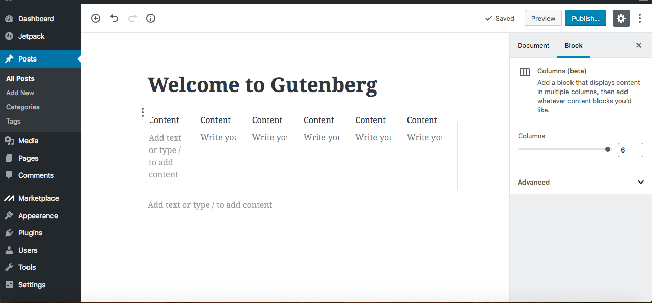 Gutenberg editor columns