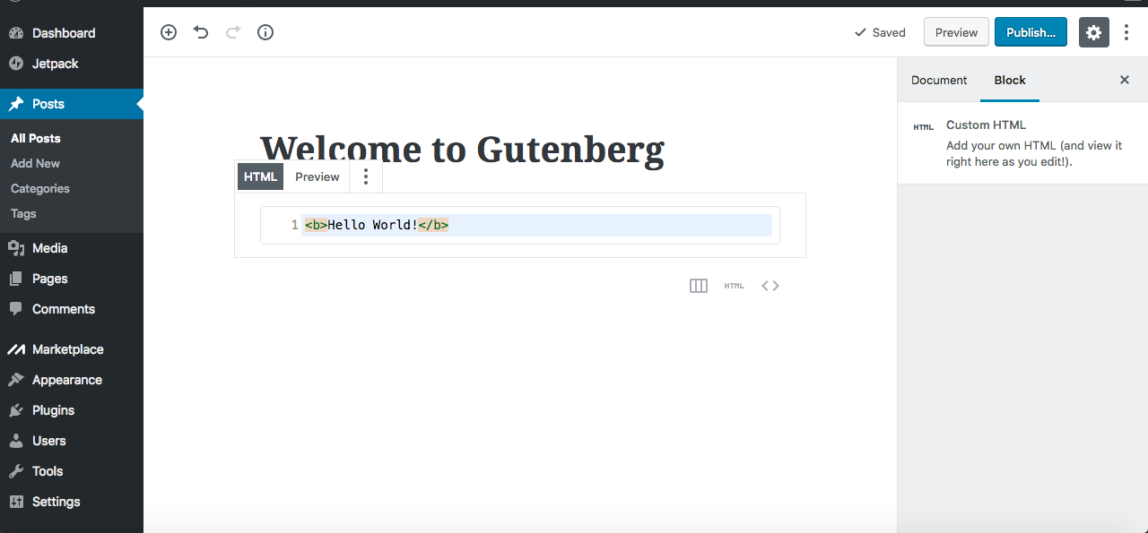 Gutenberg editor custom html