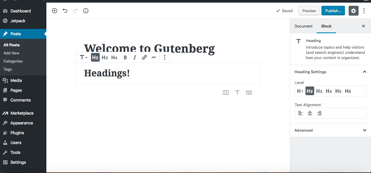 gutenberg editor headings