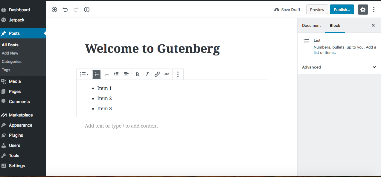 Gutenberg editor bullets