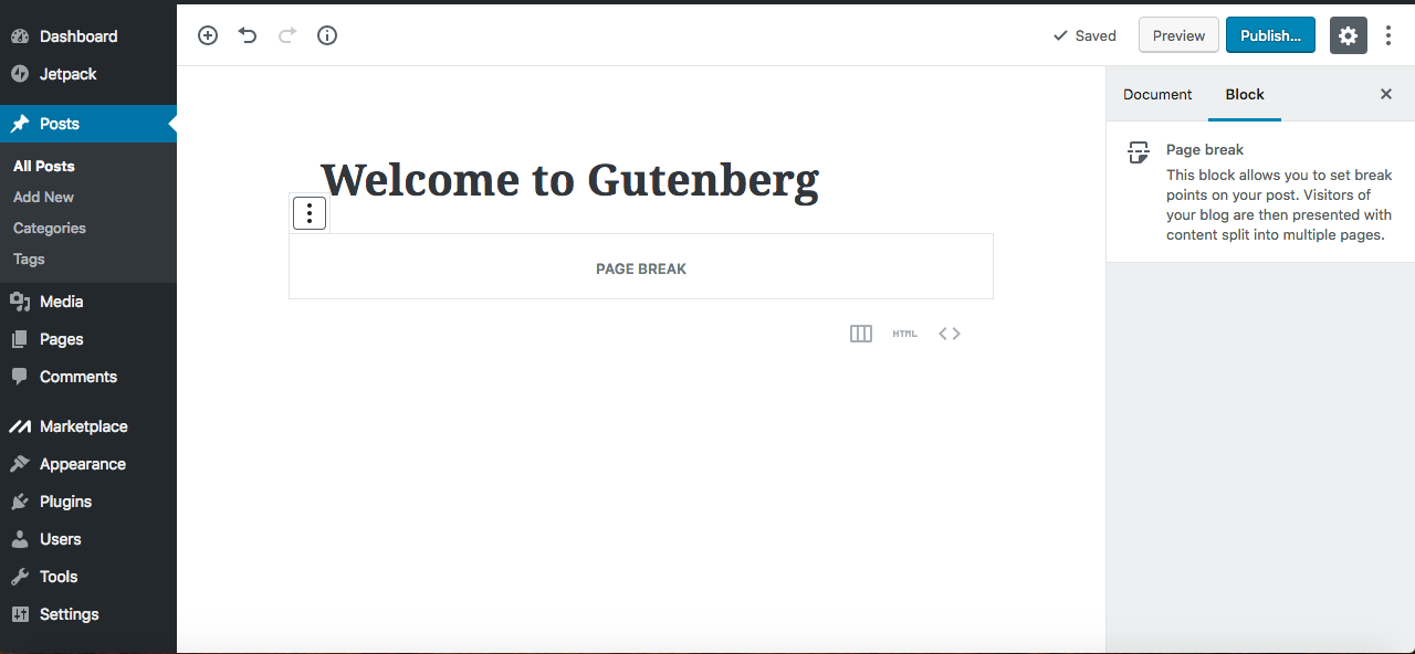 Gutenberg editor page break