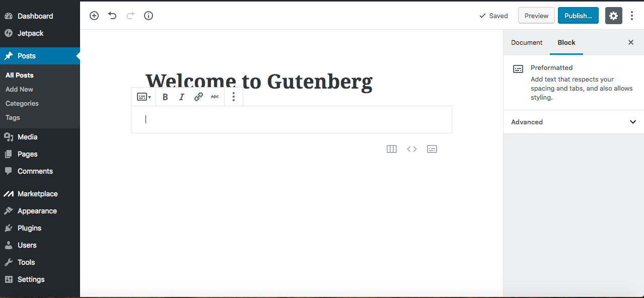 gutenberg editor preformatted text block