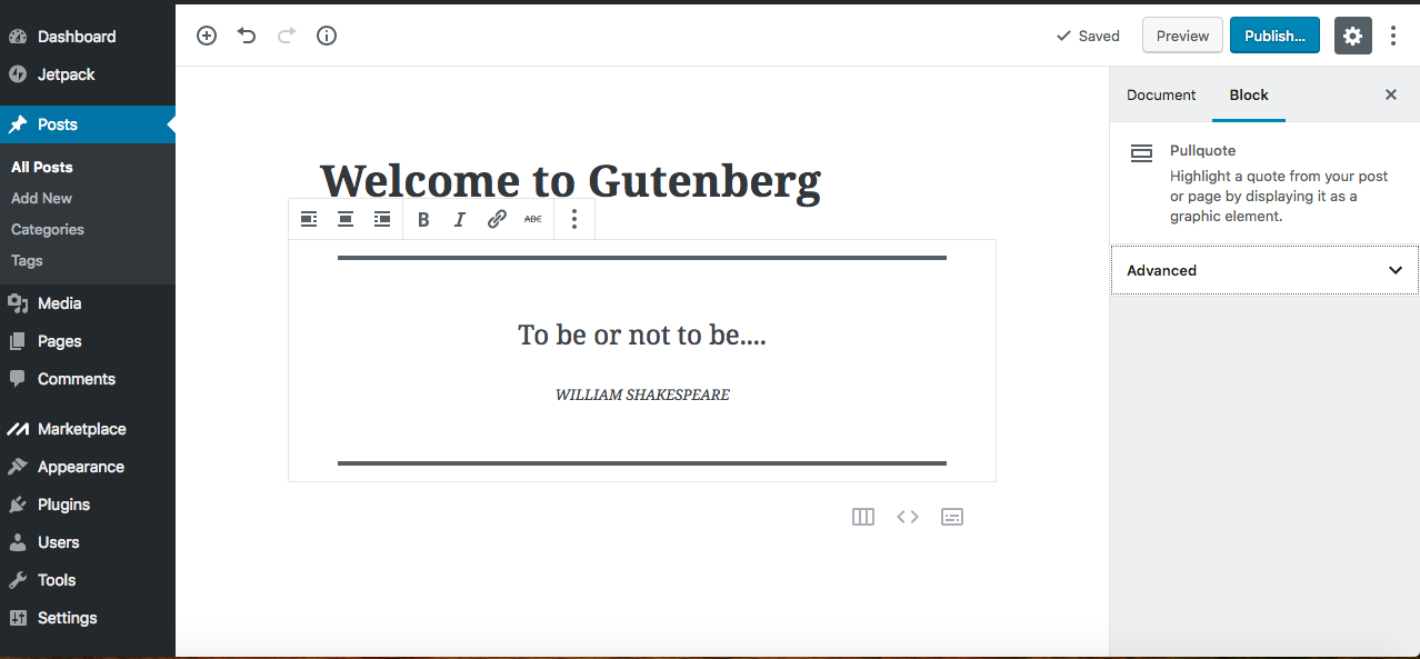 gutenberg editor pull quote