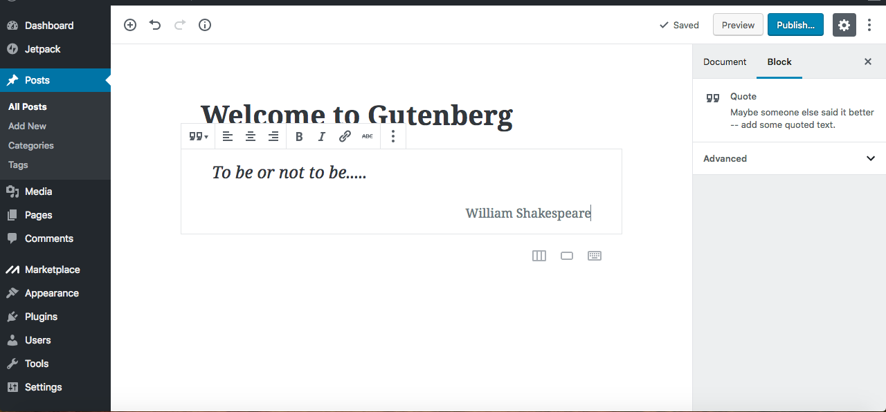 Gutenberg editor quote block