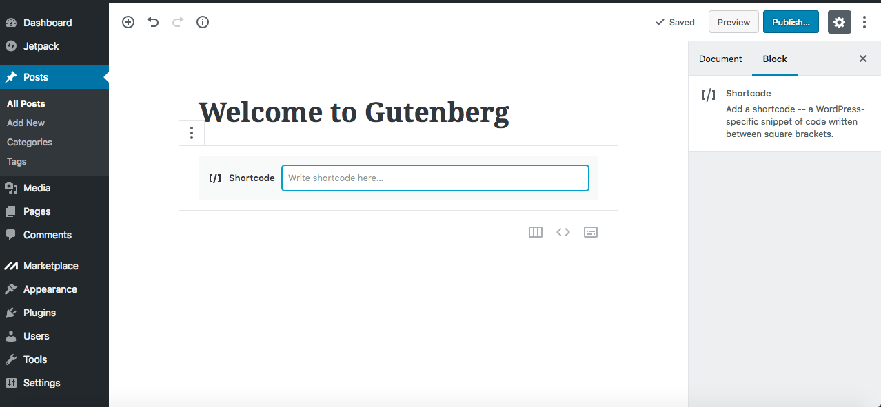 Gutenberg editor shortcode