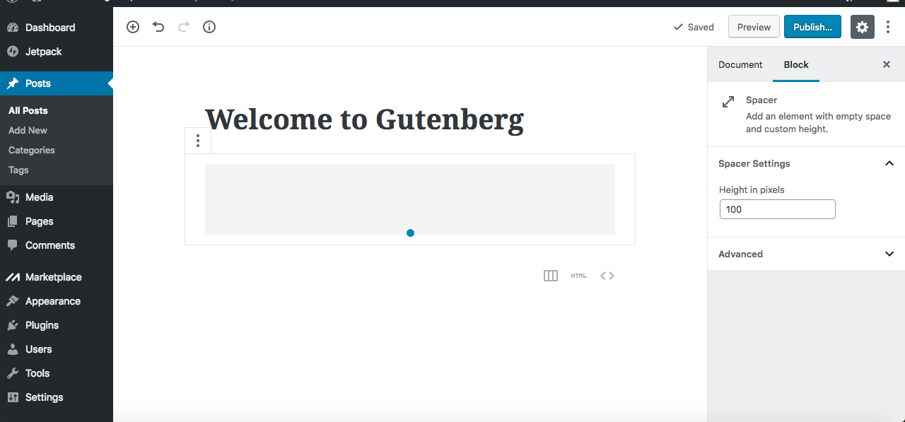 Gutenberg editor spacer