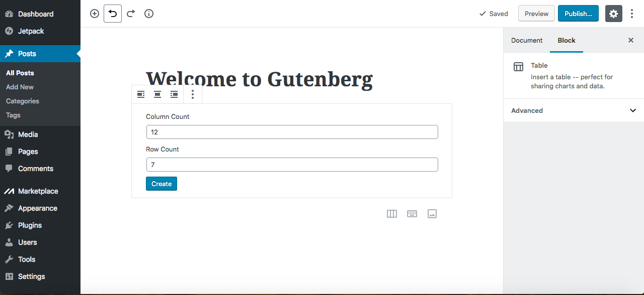 Gutenberg editor insert table